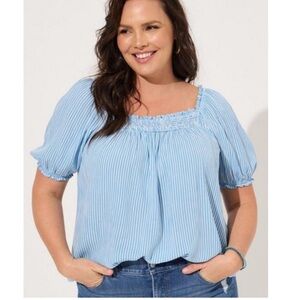Torrid Blue/White Striped Gauzy Cotton Smocked Yoke Lightweight Coastal Top, 3X